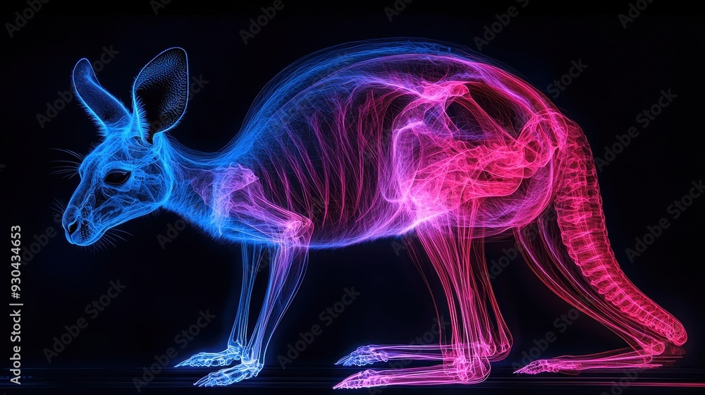 Neon X-Ray of a Kangaroo Skeleton in Vibrant Pink and Blue Colors on a Black Background Neon X-Ray of a Kangaroo Skeleton in Vibrant Pink and Blue Colors on a Black Background