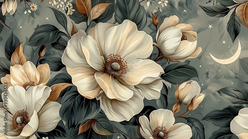 Wallpaper Mural Bohemian seamless wallpaper featuring ethereal celestial garden elements like moonflowers, jasmine, stars, and crescent moons, hand-drawn in vintage style, soft, glowing colors, intricate details, Torontodigital.ca