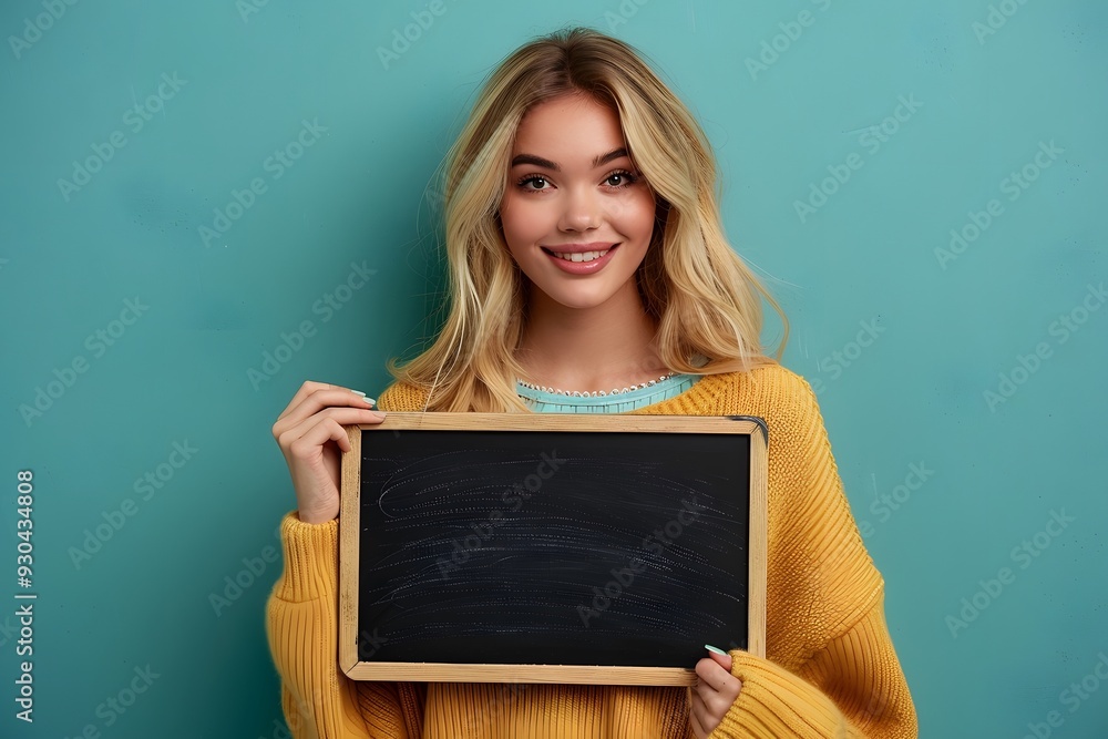 Blonde woman holding blank chalkboard in yellow sweater blue background. Blonde woman holding blank chalkboard in yellow sweater blue background.