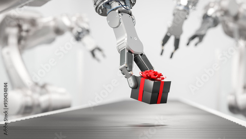 A gift box being placed onto a conveyor belt by a robot arm. Tech christmas or birthday concept. Selective focus photo