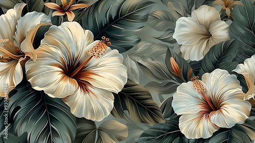 Wallpaper Mural Bohemian seamless wallpaper featuring exotic flowers like hibiscus, bird of paradise, and orchids, hand-drawn in vintage style, soft, earthy colors, intricate details, natural light effect, Torontodigital.ca