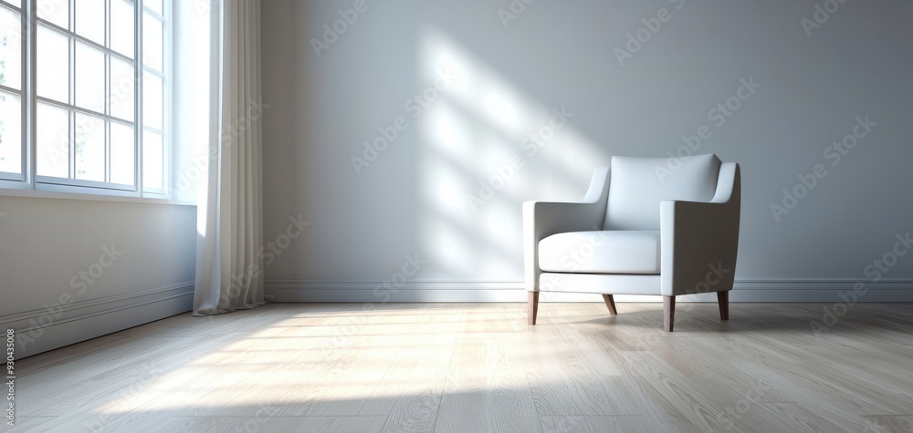 A modern, minimalist living space featuring a solitary white chair bathed in soft sunlight, ideal for home or office decor. A modern, minimalist living space featuring a solitary white chair bathed in soft sunlight, ideal for home or office decor.