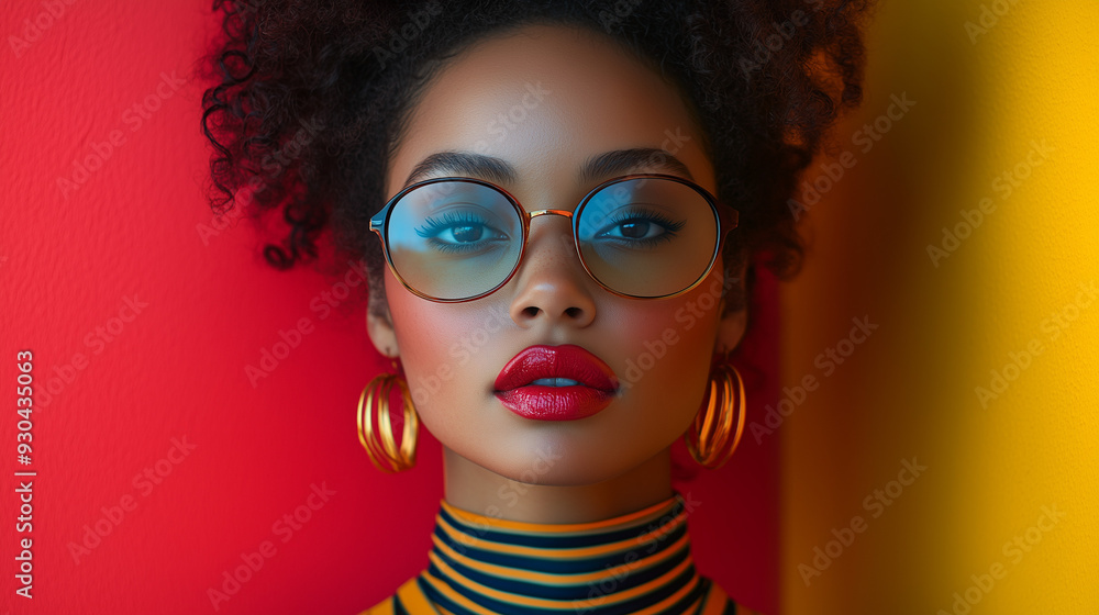 Bold Fashion Portrait of Stylish Woman in Round Glasses with Red Lips and Striped Turtleneck on Vibrant Red and Yellow Background Bold Fashion Portrait of Stylish Woman in Round Glasses with Red Lips and Striped Turtleneck on Vibrant Red and Yellow Background