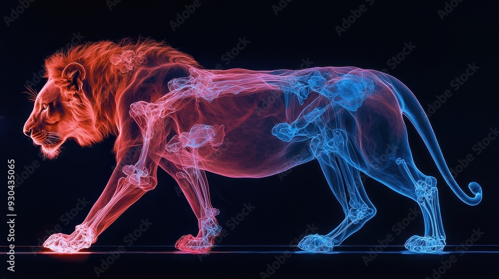 Vibrant X-Ray Style Digital Art of a Lion in Motion with Red and Blue Neon Colors on a Black Background Vibrant X-Ray Style Digital Art of a Lion in Motion with Red and Blue Neon Colors on a Black Background