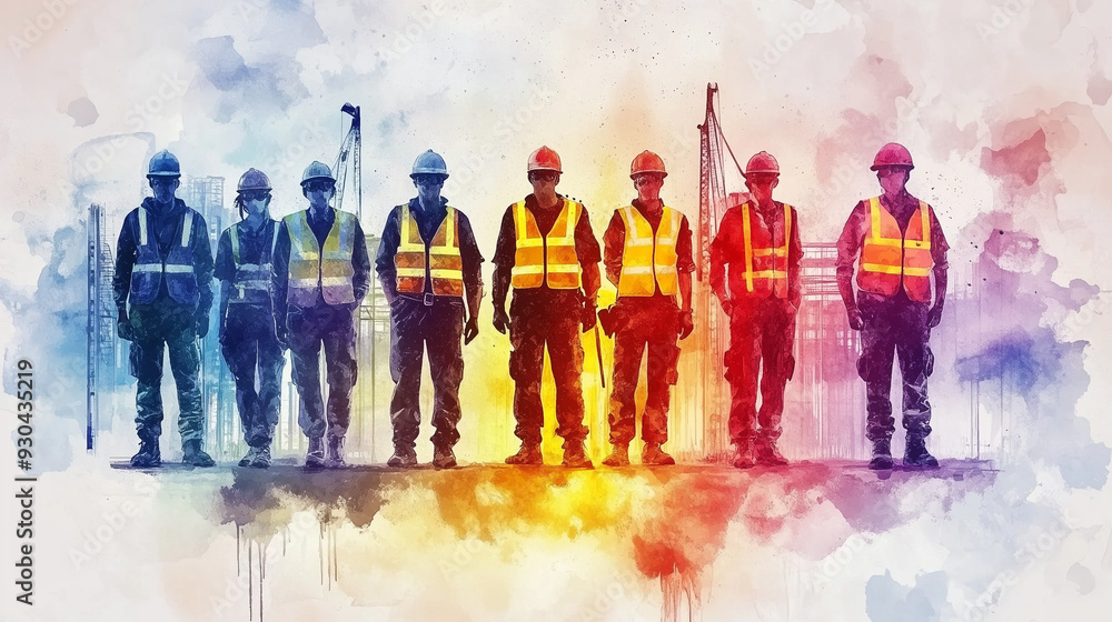 Naklejka premium Construction workers in colorful safety gear stand together, viewed from behind, with vibrant watercolor splashes forming an abstract background, highlighting unity, diversity, and collaboration in th