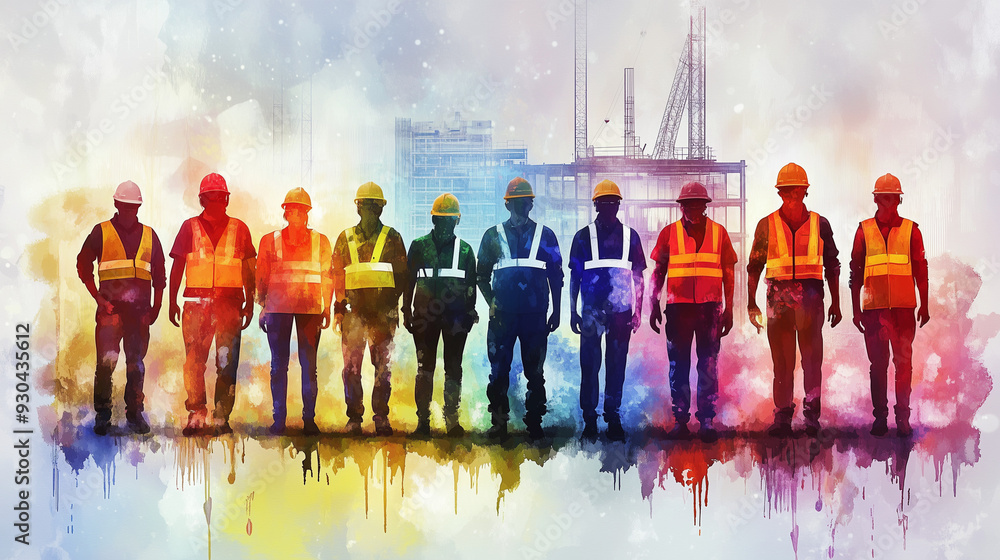 Naklejka premium Construction workers in colorful safety gear stand together, viewed from behind, with vibrant watercolor splashes forming an abstract background, highlighting unity, diversity, and collaboration in th