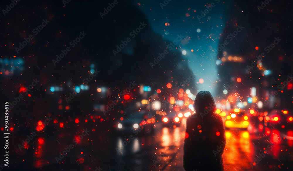 Obraz premium A person standing under a flickering streetlight on a busy city street at night. The street is filled with blurred streaks of car lights and fast-moving pedestrians