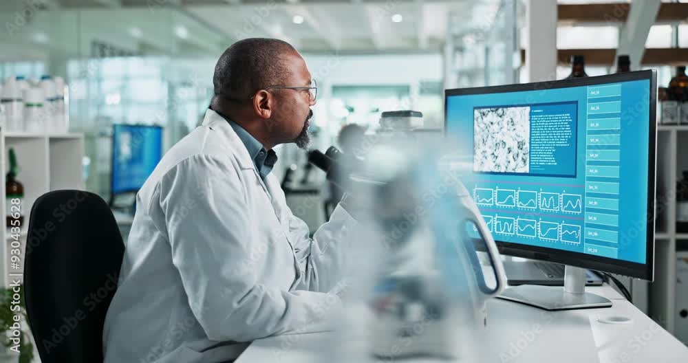 Black man, science and microscope in laboratory, medical and medicine for study or experiment. Biotechnology, scientist person and research in gene therapy, repair or breakthrough in chemical testing Black man, science and microscope in laboratory, medical and medicine for study or experiment. Biotechnology, scientist person and research in gene therapy, repair or breakthrough in chemical testing
