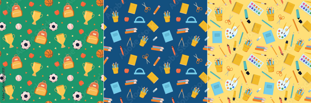 Set of seamless pattern with cartoon school stationery items. Pen, pencil, book, backpack, paint, brush, art, note, football, ball vector illustration. Education, supply store, sport background. Set of seamless pattern with cartoon school stationery items. Pen, pencil, book, backpack, paint, brush, art, note, football, ball vector illustration. Education, supply store, sport background.