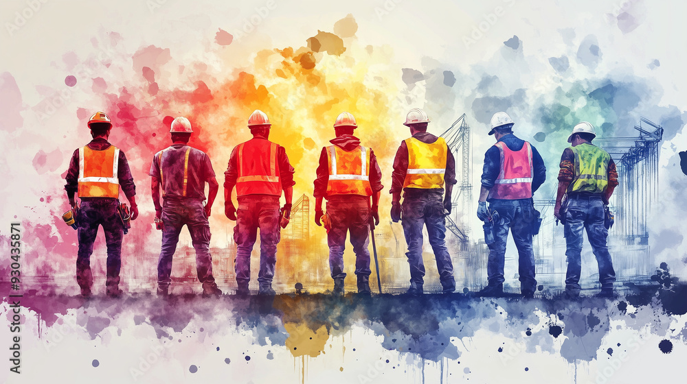 Obraz premium Construction workers in colorful safety gear stand together, viewed from behind, with vibrant watercolor splashes forming an abstract background, highlighting unity, diversity, and collaboration in th