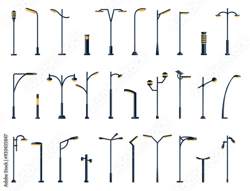 Outdoor urban light. Street lamp pole, town streets electric lightning and park lampposts. Modern and vintage streetlights isolated vector illustration set.