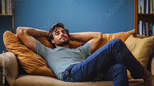 Man Relaxing on Comfortable Sofa at Home with Hands Behind Head, Casual Lifestyle, Leisure and Comfort in Living Room Setting, Relaxation and Calm