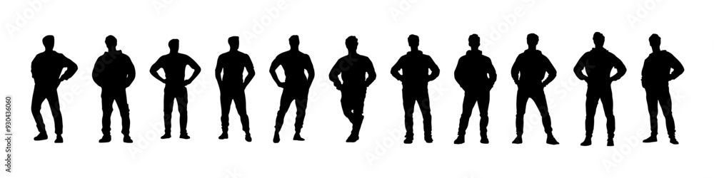 Vector black silhouettes of man stands with his hands on his hips. Set of Standing man silhouette isolated on white background Vector black silhouettes of man stands with his hands on his hips. Set of Standing man silhouette isolated on white background
