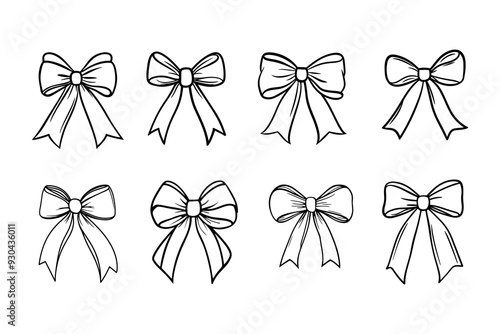 Large set of bow silhouettes. Vector black ribbon icons line art. Set of simple decorative holiday ribbon bows for gifts, to decorate hair on white background. 