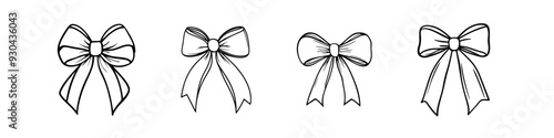 Set of bow silhouettes. Vector black ribbon icons line art. Set of simple decorative holiday ribbon bows for gifts, to decorate hair on white background. 
