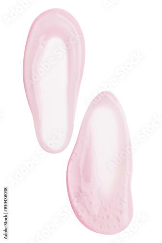 Smears of pink transparent gel on a blank background.