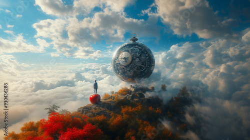 A small figure standing on top of a floating apple in a surreal landscape, gazing up at a colossal, ancient pocket watch suspended in the sky