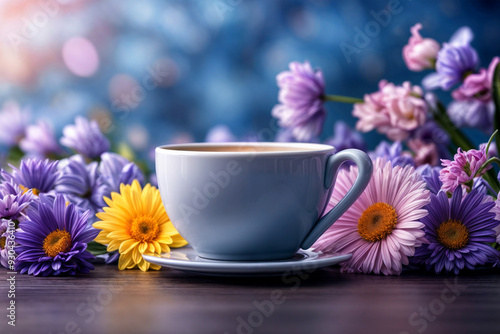 Coffee and flowers. Romantic breakfast. Cup of coffee on a wooden table with purple flowers