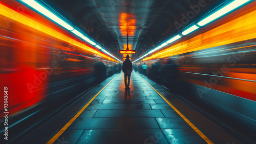 A solitary individual standing still on a crowded train platform during rush hour, with blurred figures of commuters rushing past on either side