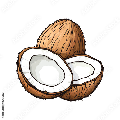 Coconut illustration. A whole coconut and a half isolated on white background. Useful natural product