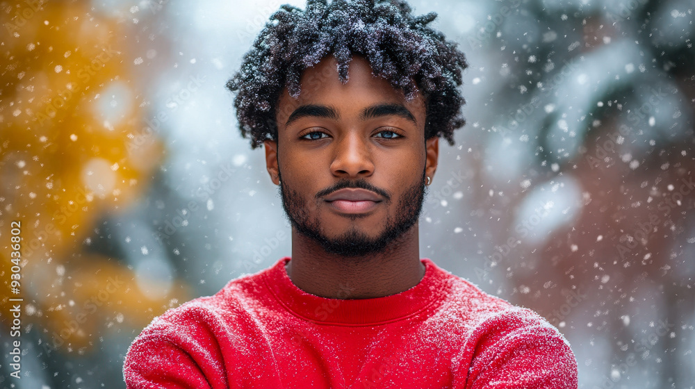 Confident Afro American Male Model Posed in Red Crewneck Sweater Standing Outside in Winter Snow Scene, Radiating Calm and Resilience Confident Afro American Male Model Posed in Red Crewneck Sweater Standing Outside in Winter Snow Scene, Radiating Calm and Resilience