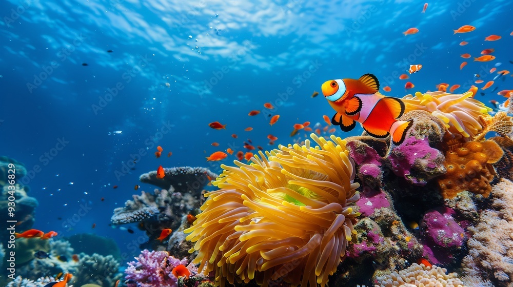Naklejka premium Anemone, Clownfish, and Other Fishes in a Vibrant Coral Reef