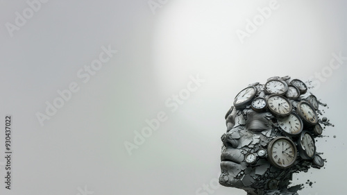 An artistic depiction of a head constructed from numerous clocks, with a few clocks detaching and floating away, illustrating the complexity of time perception and mental processes
