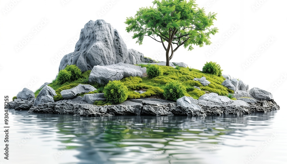 Fototapeta premium A serene island with rocky formations, greenery, and a tree, reflecting in calm water.