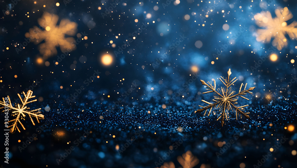 Dark blue background with falling snowflakes and stars, perfect for a Christmas banner, poster, or greeting card template. Flat vector illustration for a winter holiday design.