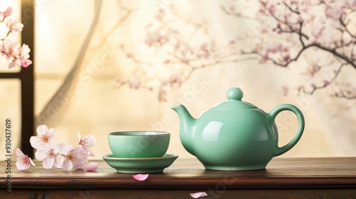 Beautiful teapot and cup set against a serene cherry blossom backdrop, perfect for tea lovers and serene decor.