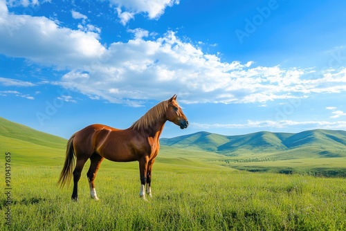 A chestnut horse standing in a grassy field with mountains in the background and a blue sky with white clouds. photo