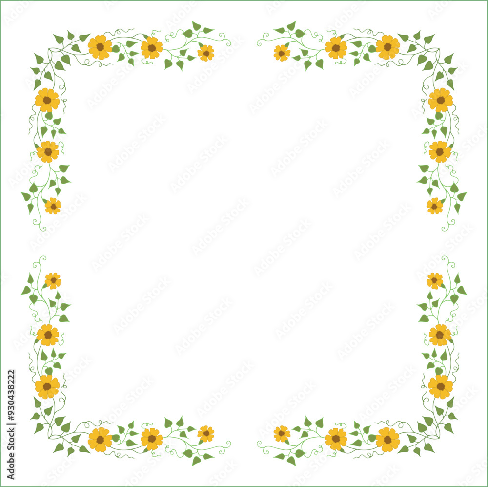 Green and yellow floral frame with leaves and thunbergia flowers, decorative corners for greeting cards, banners, business cards, invitations, menus. Isolated vector illustration.
Green and yellow floral frame with leaves and thunbergia flowers, decorative corners for greeting cards, banners, business cards, invitations, menus. Isolated vector illustration.