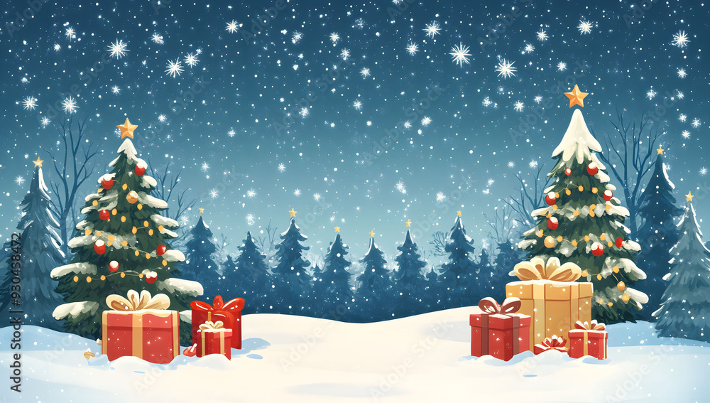 Obraz premium Christmas background featuring a starry sky, snow-covered trees, and red gift boxes on the ground, creating a festive Christmas night scene.