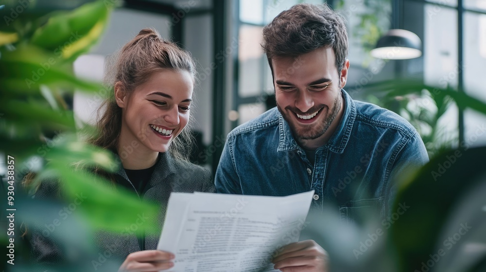 Cheerful Business People Discussing Document in Office Setting Cheerful Business People Discussing Document in Office Setting