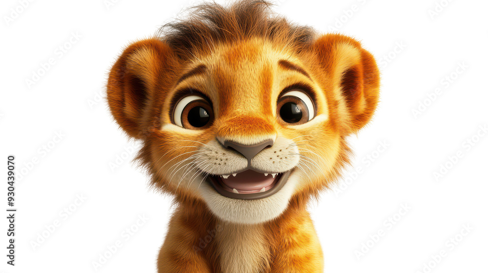Realistic 3d render of a happy, furry and cute baby Lion smiling with big eyes looking strainght Realistic 3d render of a happy, furry and cute baby Lion smiling with big eyes looking strainght