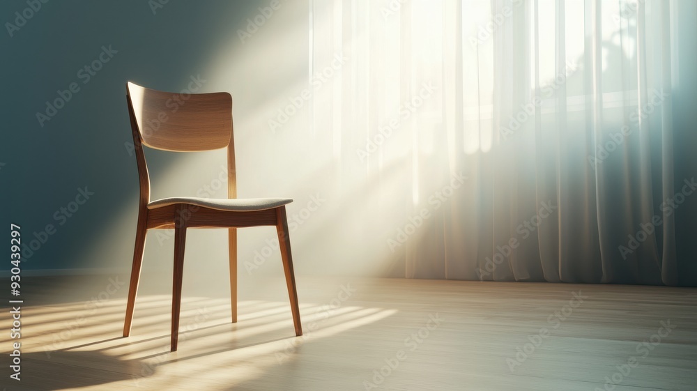 A wooden chair bathed in soft sunlight, creating a serene and inviting atmosphere in a contemporary living space. A wooden chair bathed in soft sunlight, creating a serene and inviting atmosphere in a contemporary living space.