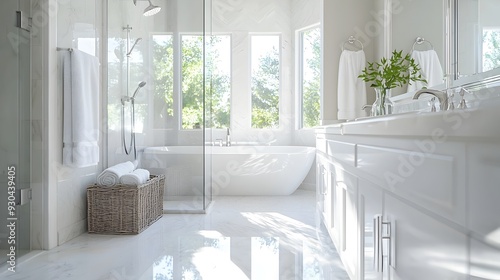 Sunlit Bathroom With Spotless Glass Shower and Gleaming Chrome Fixtures Exuding a Sparkling Clean
