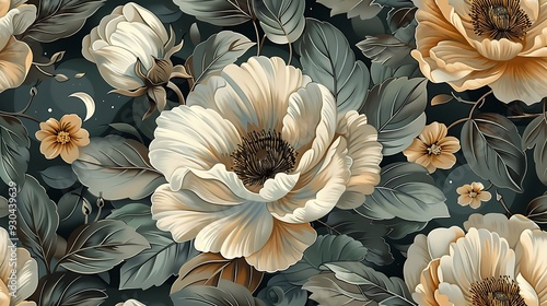 Wallpaper Mural Continuous pattern of celestial elements, showcasing moonflowers, jasmine, stars, and crescent moons with intricate details, deep blue and silver tones, and a mystical, night sky backdrop, Torontodigital.ca