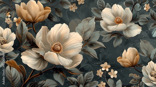 Wallpaper Mural Continuous pattern of celestial elements, showcasing moonflowers, jasmine, stars, and crescent moons with intricate details, deep blue and silver tones, and a mystical, night sky backdrop, Torontodigital.ca