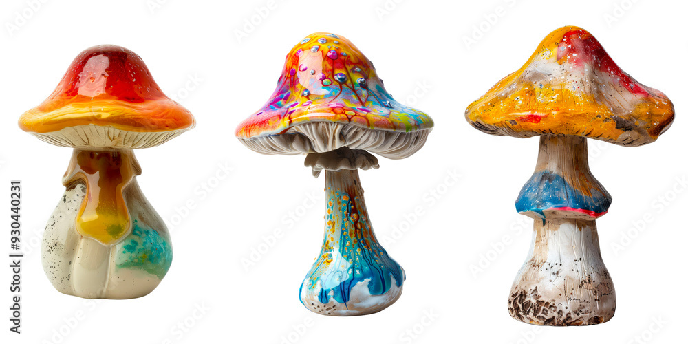 Set of a mushroom statue with a colorful cap isolated on transparent background. Set of a mushroom statue with a colorful cap isolated on transparent background.