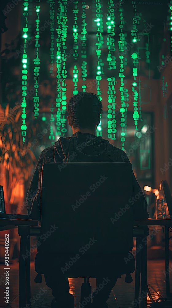 Rear back view silhouette shadow of programmer man sitting in a chair in office at night, working on laptop. Online software developer, cybersecurity binary code key, green numbers coding Rear back view silhouette shadow of programmer man sitting in a chair in office at night, working on laptop. Online software developer, cybersecurity binary code key, green numbers coding