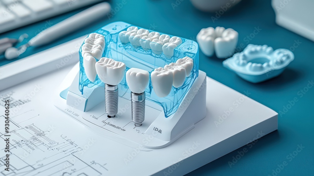 Dental implant model with teeth on a blue background. A close-up shot of dental implants. A dental office desk. Dental implant model with teeth on a blue background. A close-up shot of dental implants. A dental office desk.