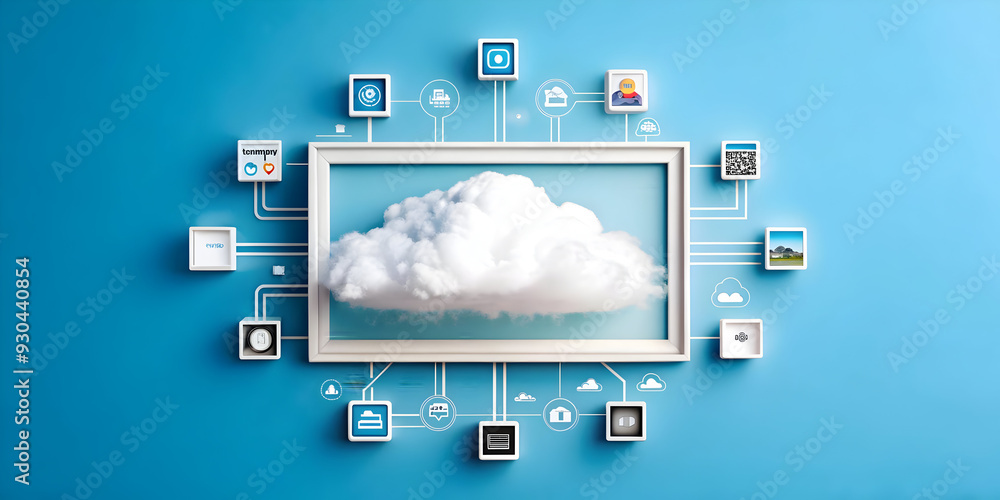 AI Powered Cloud Computing Frame - Innovative Design with Cloud Icons and Data Flow Lines for Tech Connectivity, Copy Space Included - Photo Stock Concept AI Powered Cloud Computing Frame - Innovative Design with Cloud Icons and Data Flow Lines for Tech Connectivity, Copy Space Included - Photo Stock Concept