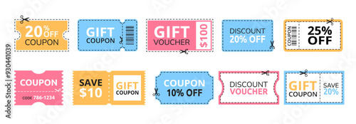 Discount offer coupon. Gift voucher or sale ticket template with cutting dashed lines and scissors icon. Shopping savings promotion coupons vector set.