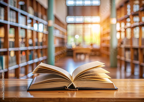 Open book on wooden table in library. Education and knowledge concept.