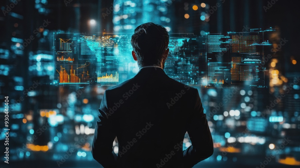 Businessman Looking at Futuristic Data Businessman Looking at Futuristic Data