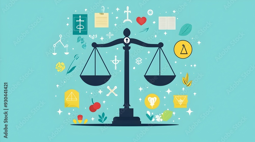 Balanced Scales of Justice with Ethical Symbols,Flat Design Balanced Scales of Justice with Ethical Symbols,Flat Design