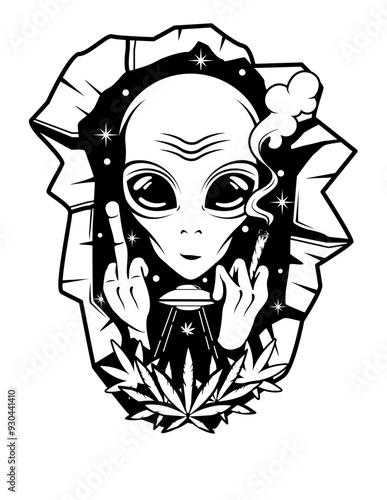 Middle Finger Alien | Smoking Weed Alien | Alien | Kush Life | Marijuana Addiction | Smoking Joint | Extraterrestrial | Weed Life | Original Illustration | Vector and Clipart | Cutfile and Stencil