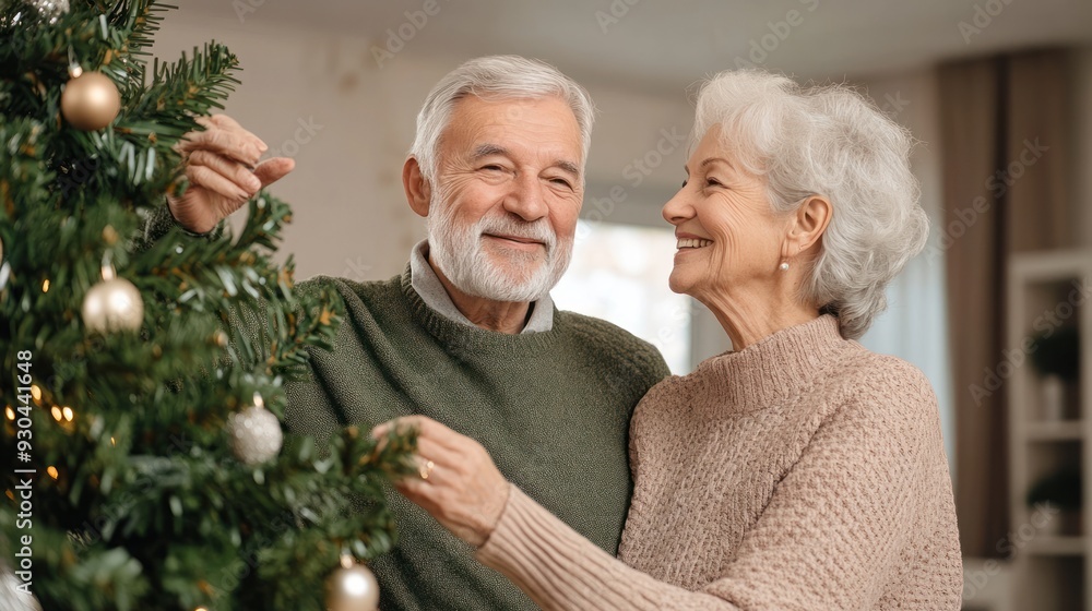 Senior delicately adding a handmade ornament to the tree, showcasing personal touches and cherished memories. Senior delicately adding a handmade ornament to the tree, showcasing personal touches and cherished memories.