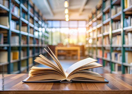 Open book on wooden table in library. Education and knowledge concept.